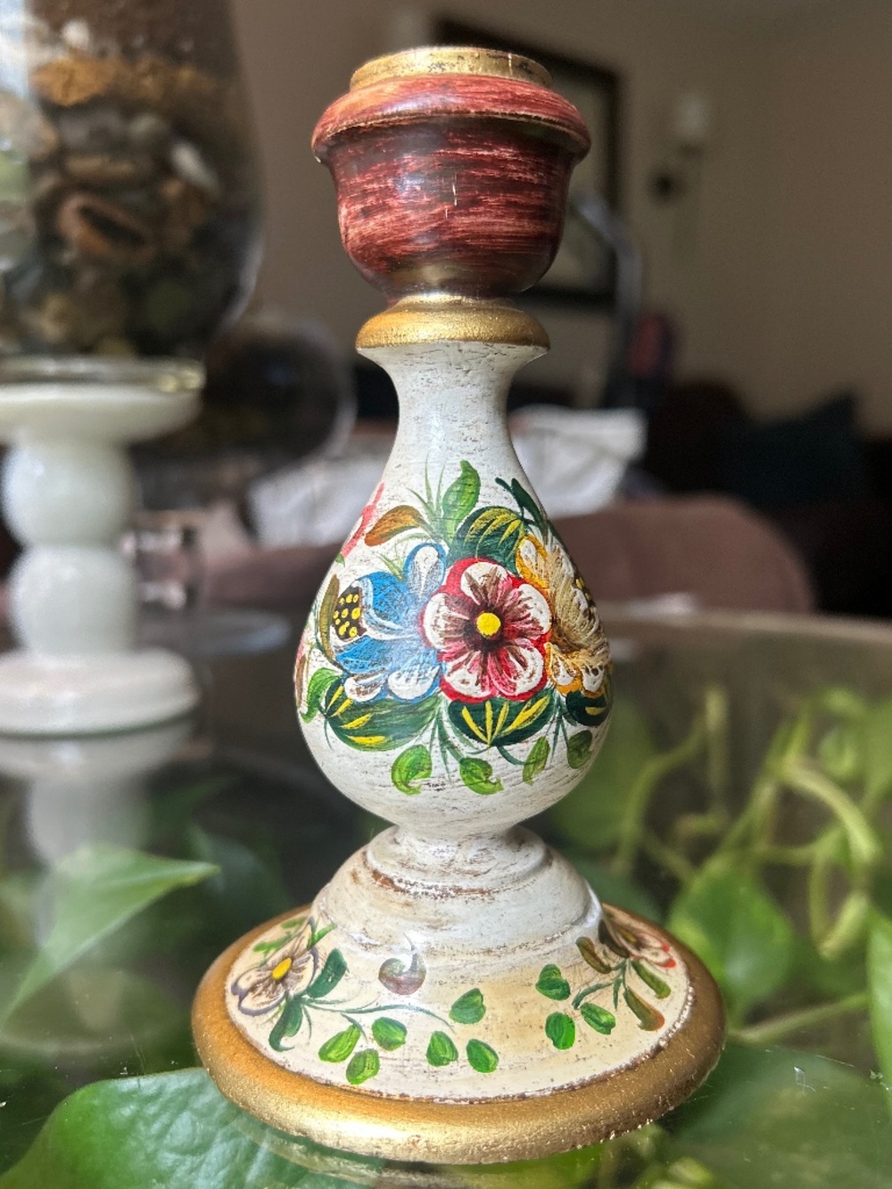 Vintage Hand Painted Floral Wooden Candlestick Holder